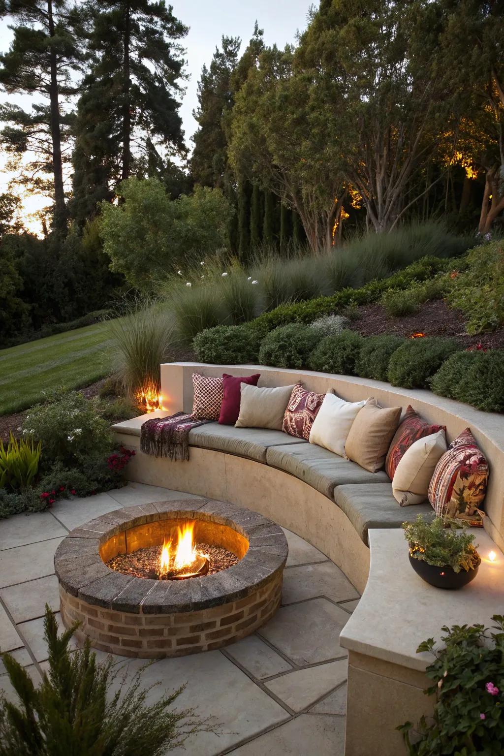 Integrated seating walls provide a cohesive and functional design.