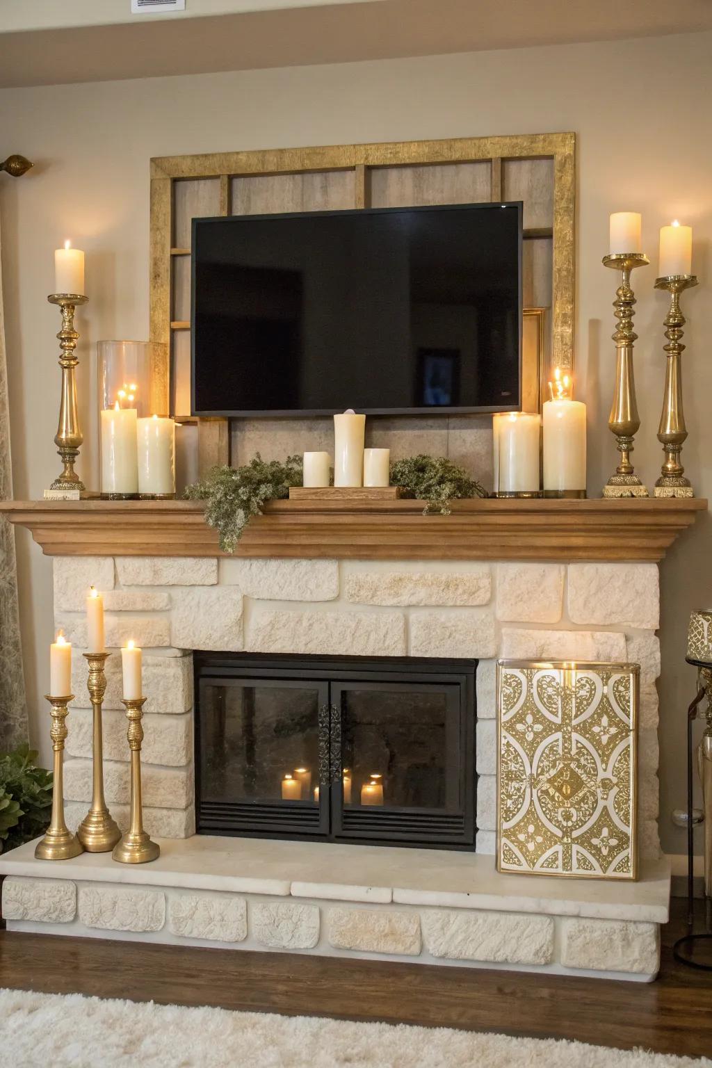Outline your television with light sources for a balanced and fashionable mantel. 📺🕯️ #MantelOrnamentation #BalancedDesign