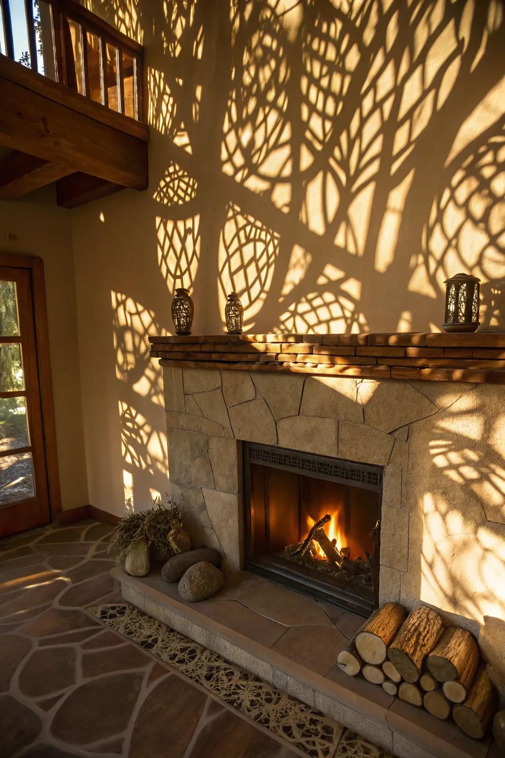 Shadow play brings an artistic element to fireplace lighting.