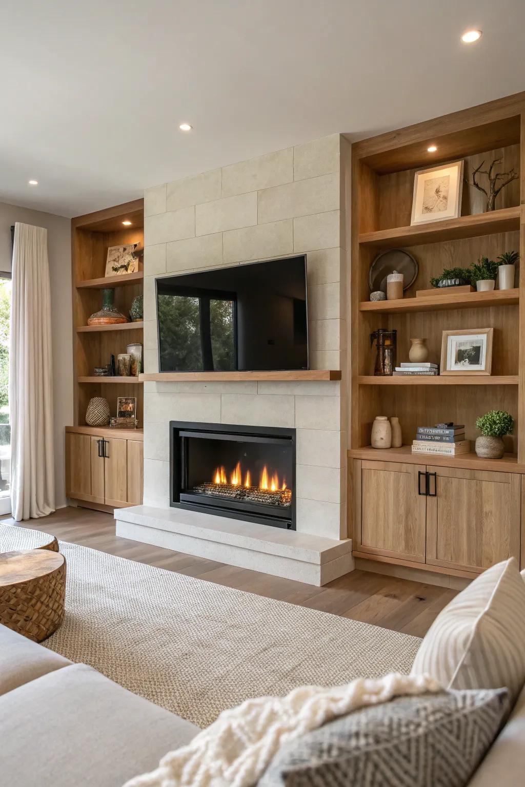 Opt for a digital fireplace for a sleek, contemporary touch to your living space.