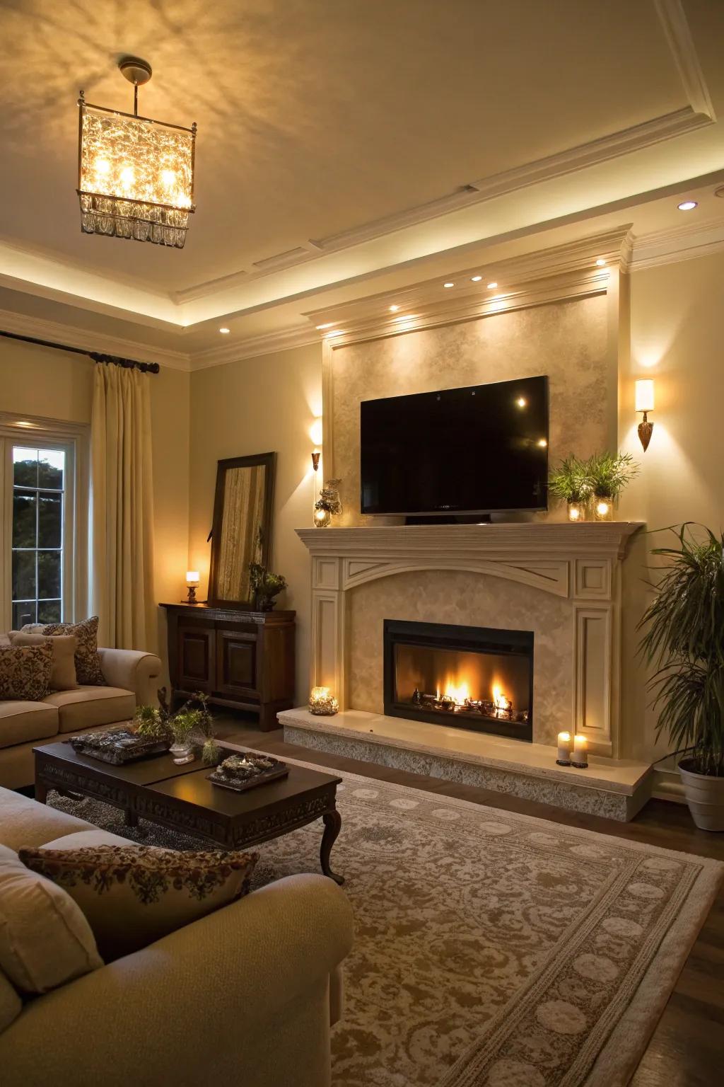Cozy lighting highlights a TV and fireplace.