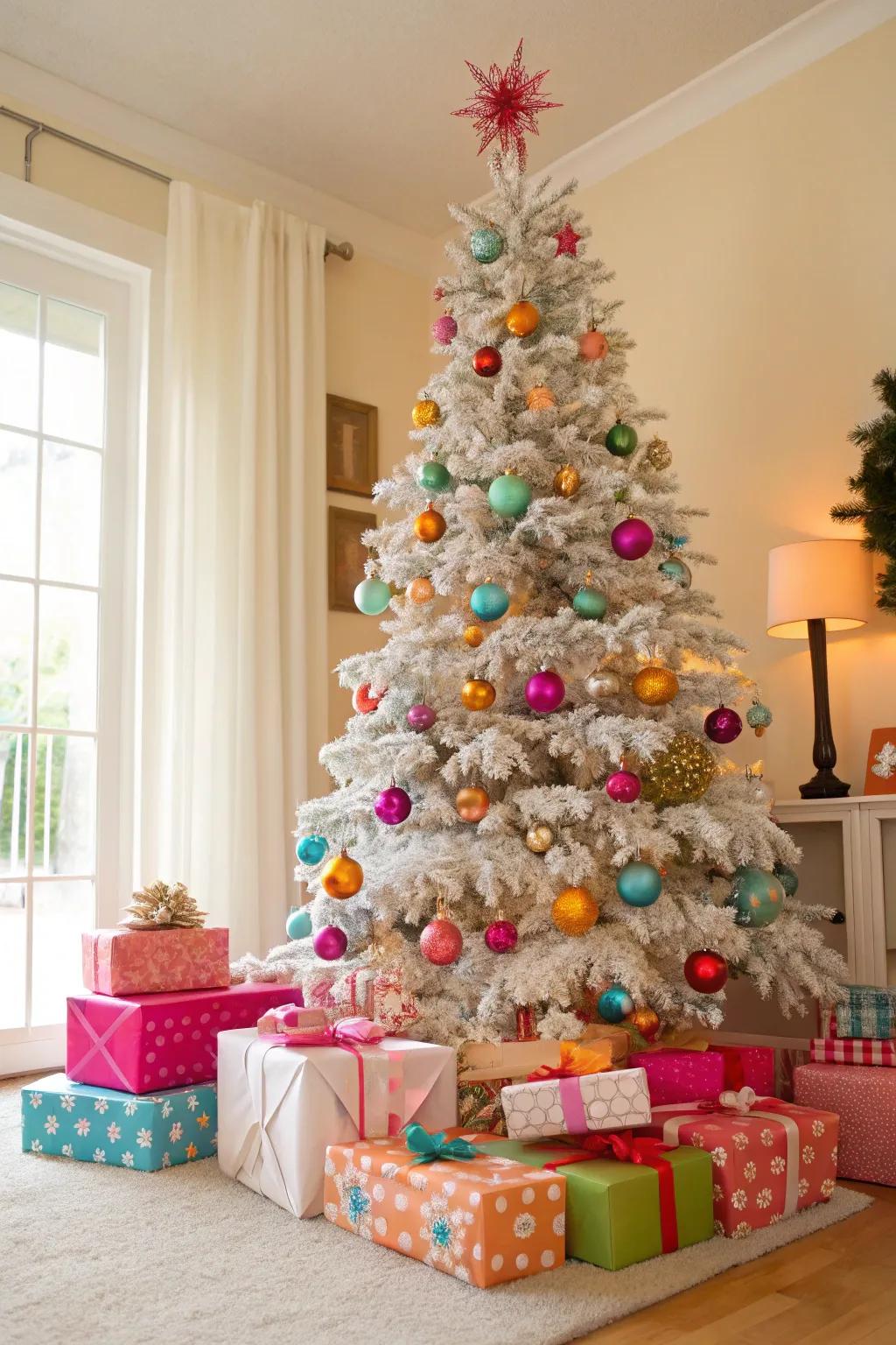 A colorful riot-themed flocked Christmas tree.