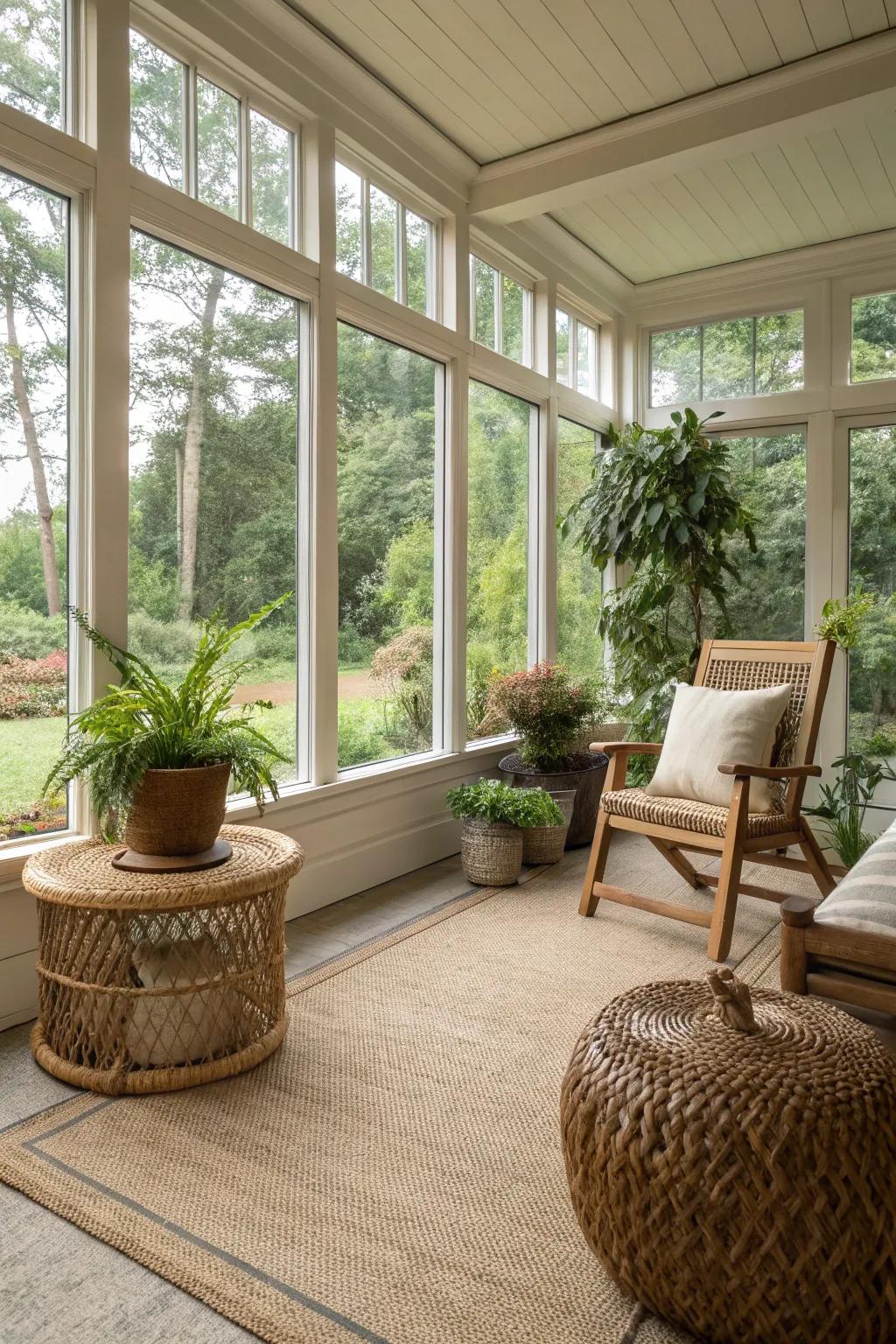 Seagrass flooring adds organic warmth and surface to this serene space.