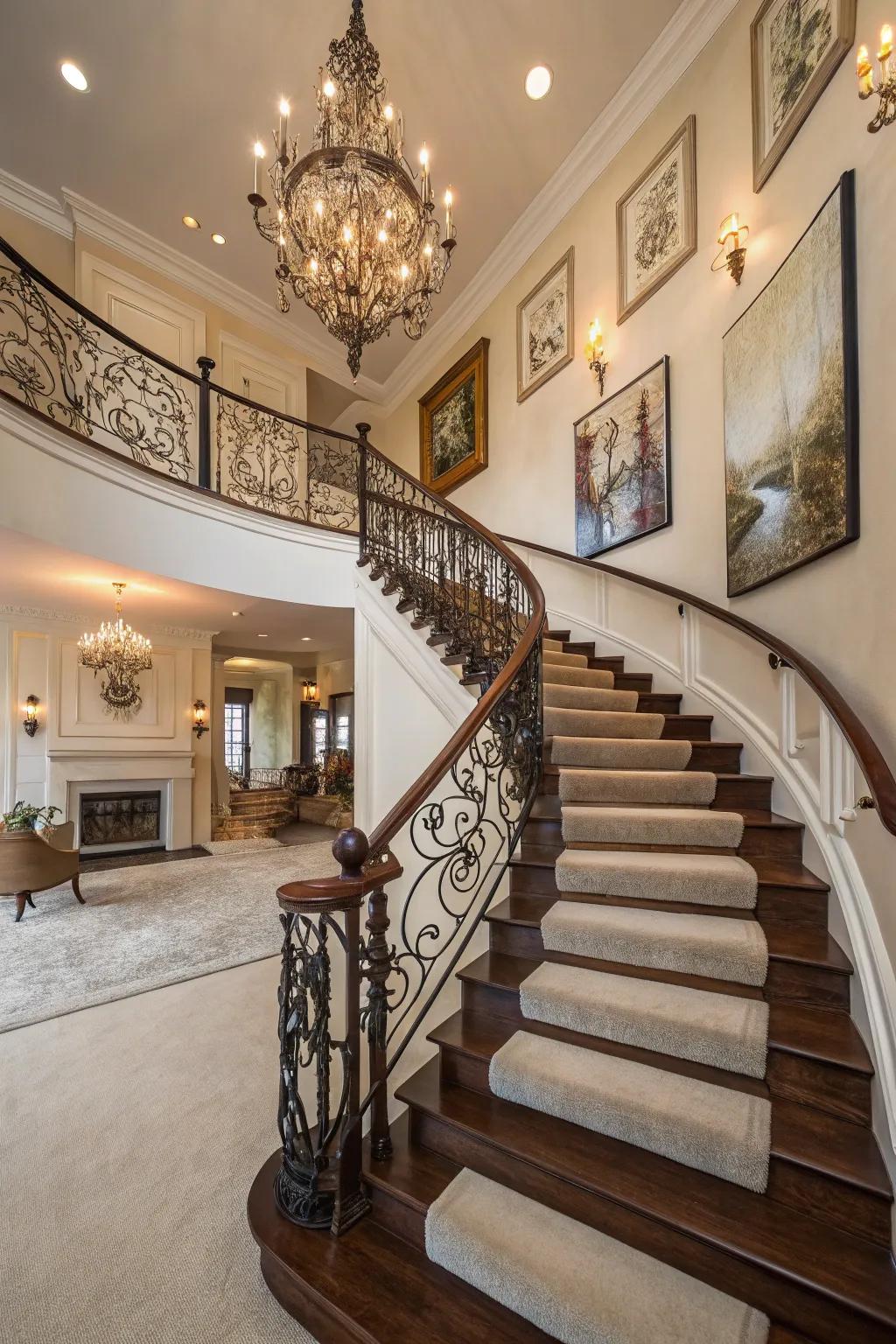 Dark stained stairs create a dramatic and sophisticated atmosphere.