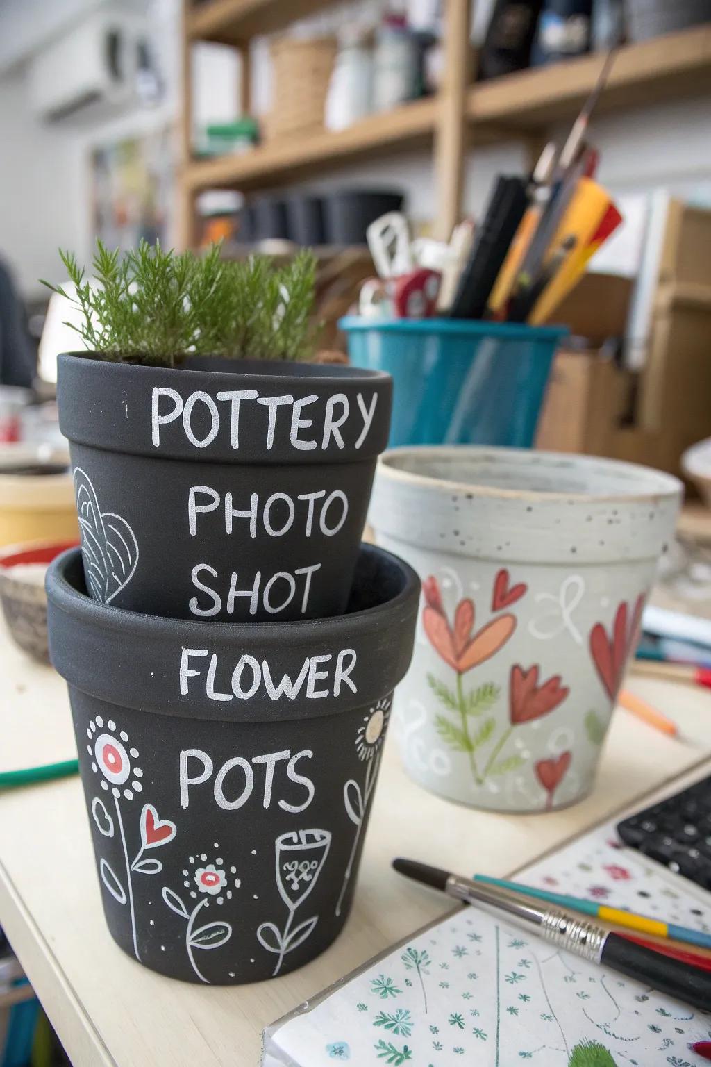 Savor versatility through chalkboard enamel flower containers.