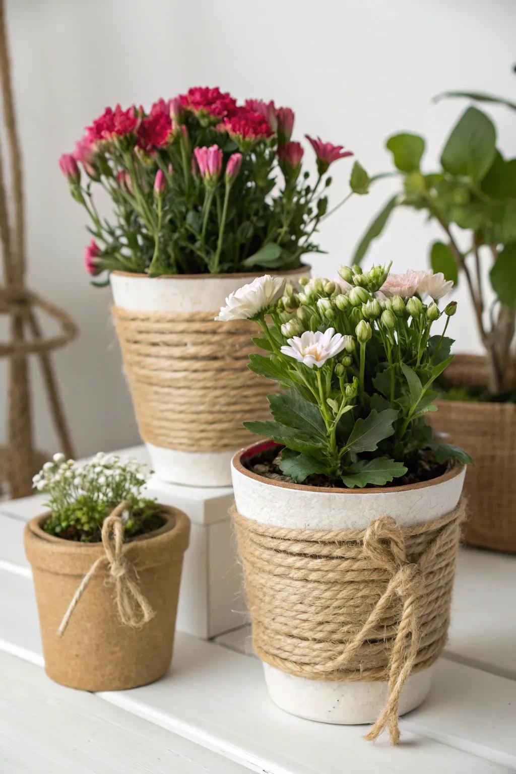 Hemp-wrapped flower containers blending elegance with nature.