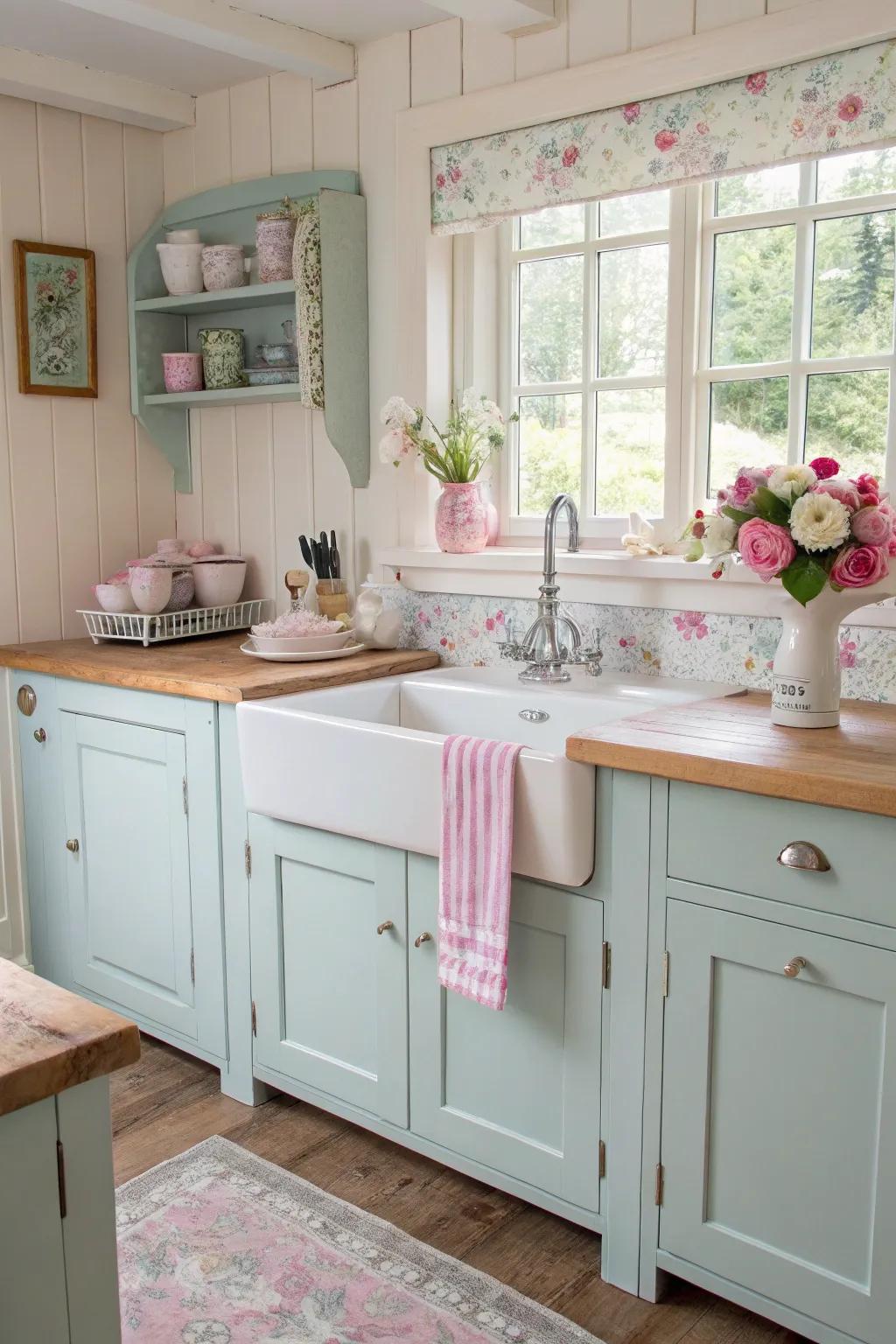 A cottage-style kitchen featuring gentle pastel hues and a charming unattached sink.