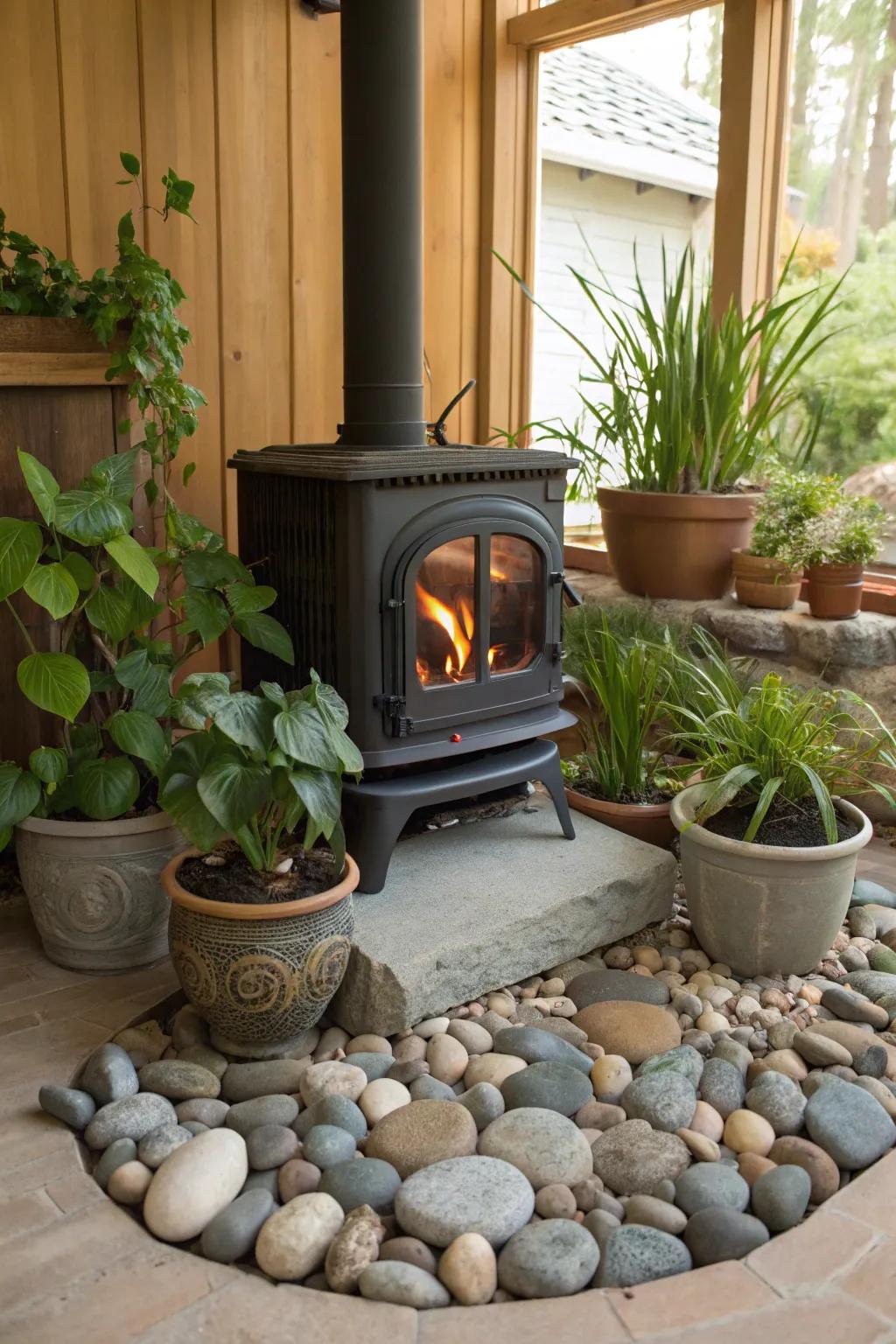 Natural elements create a serene atmosphere around the burner.