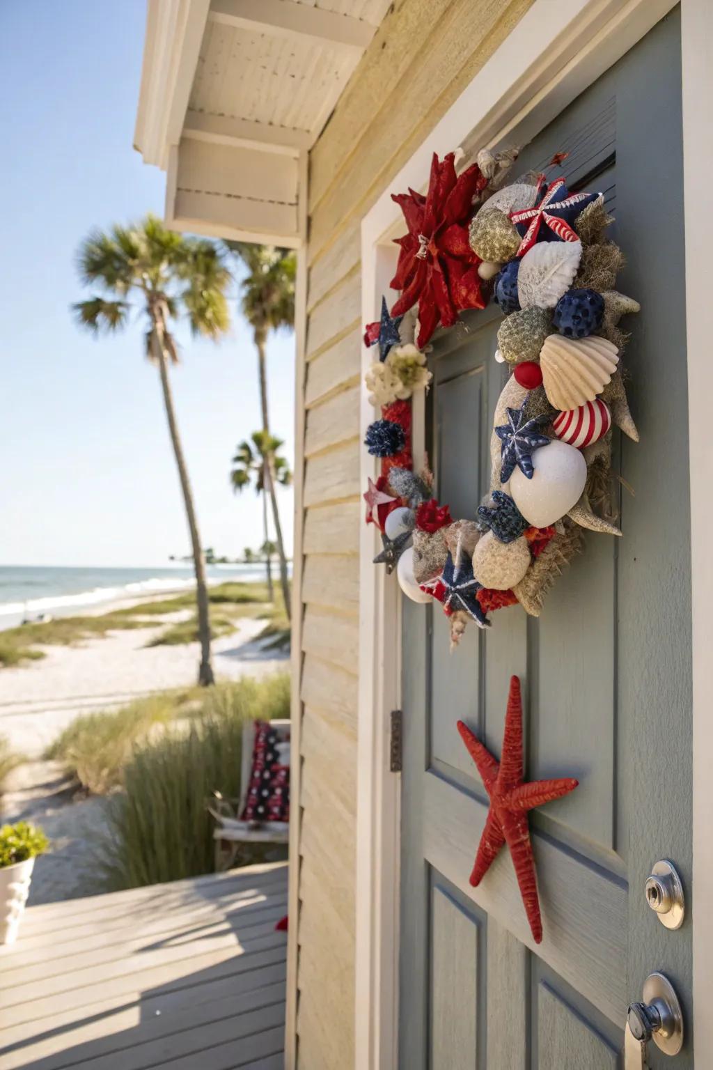 A coastal-inspired wreath featuring seashells and patriotic style.