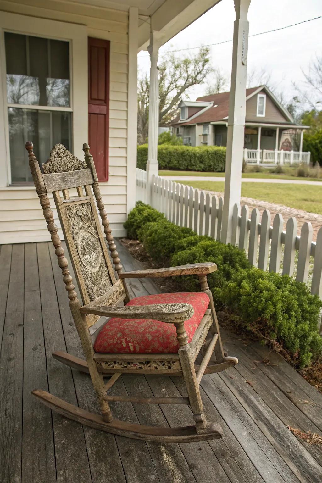 A unique vintage rocking chair serves as a focal point on this porch.