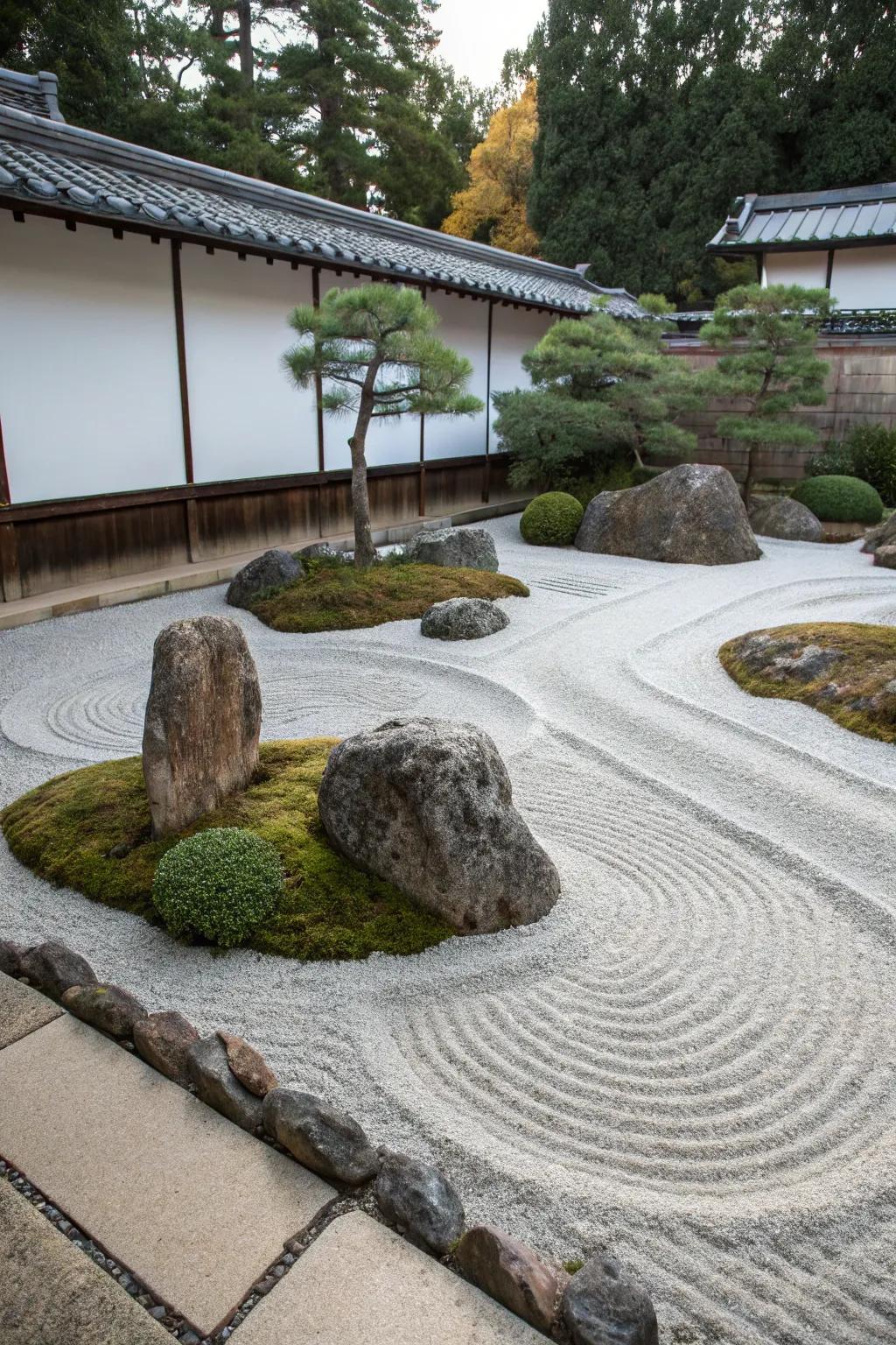 A serene Zen garden on a corner lot that features patterns in gravel and stones.