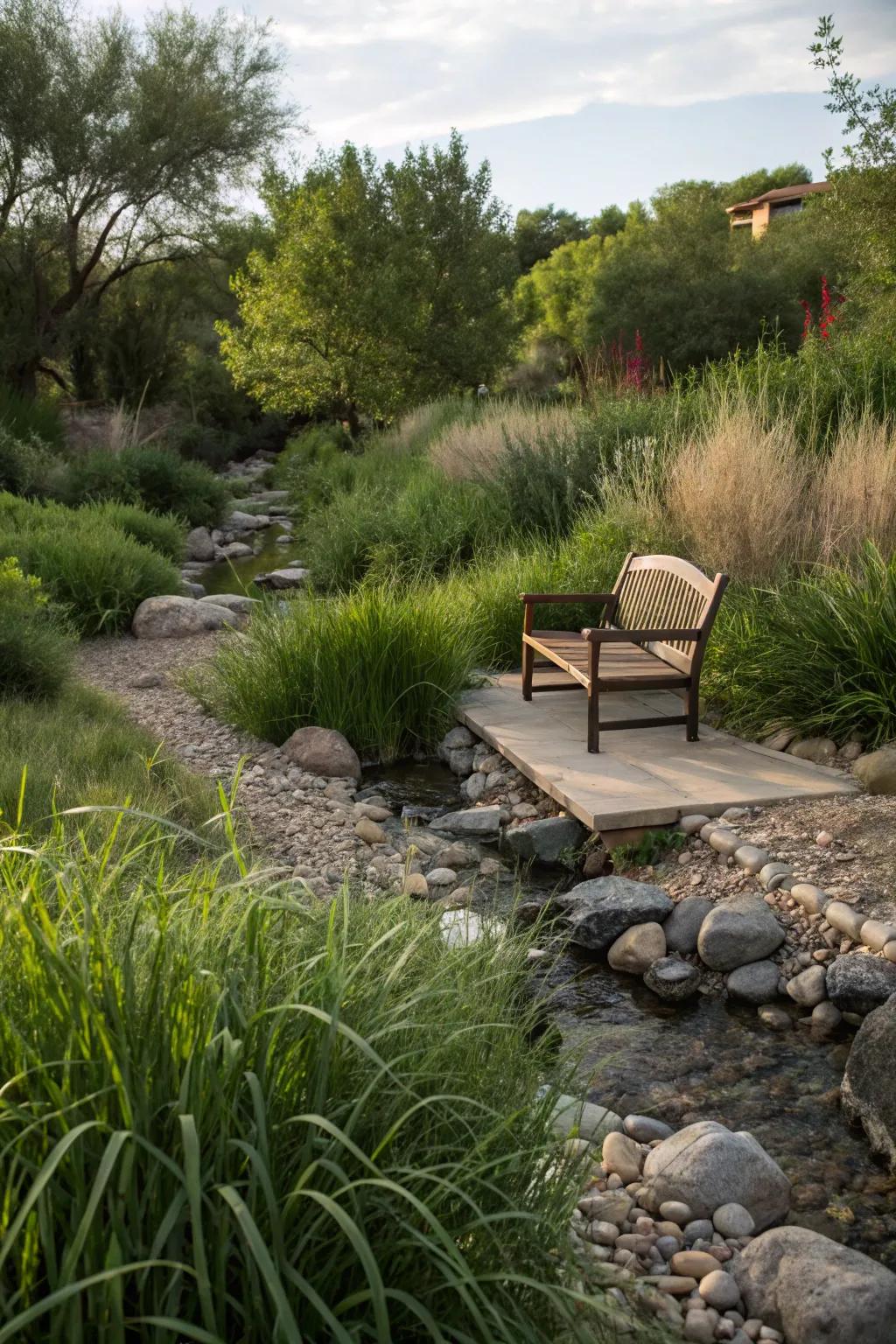A hidden seating spot delivers a serene location to revel in your dry streambed.