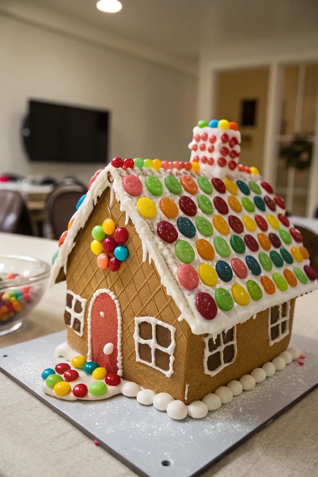 A gingerbread dwelling with a colorful candy roof