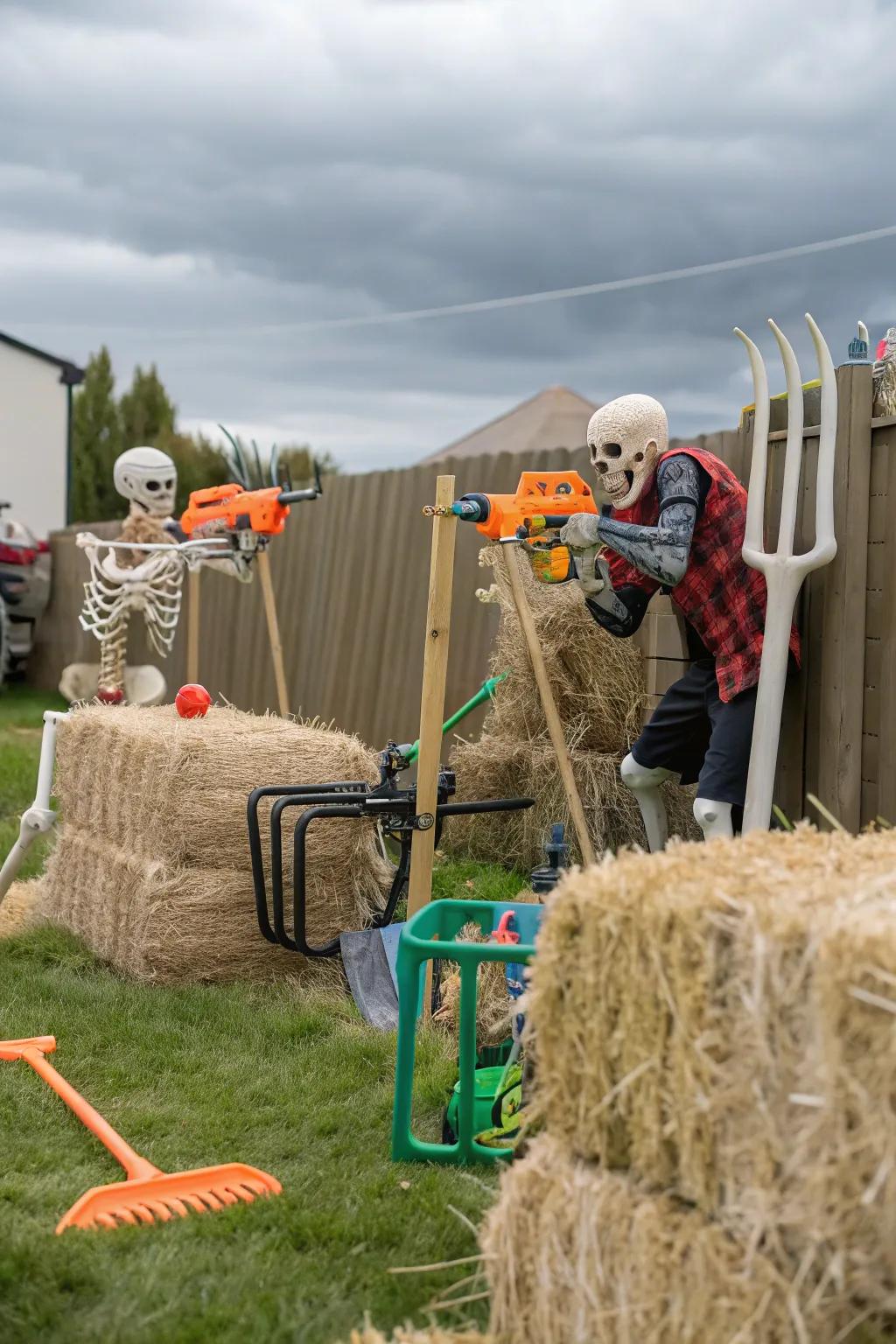 Skeletons in an epic Nerf battle in the yard.
