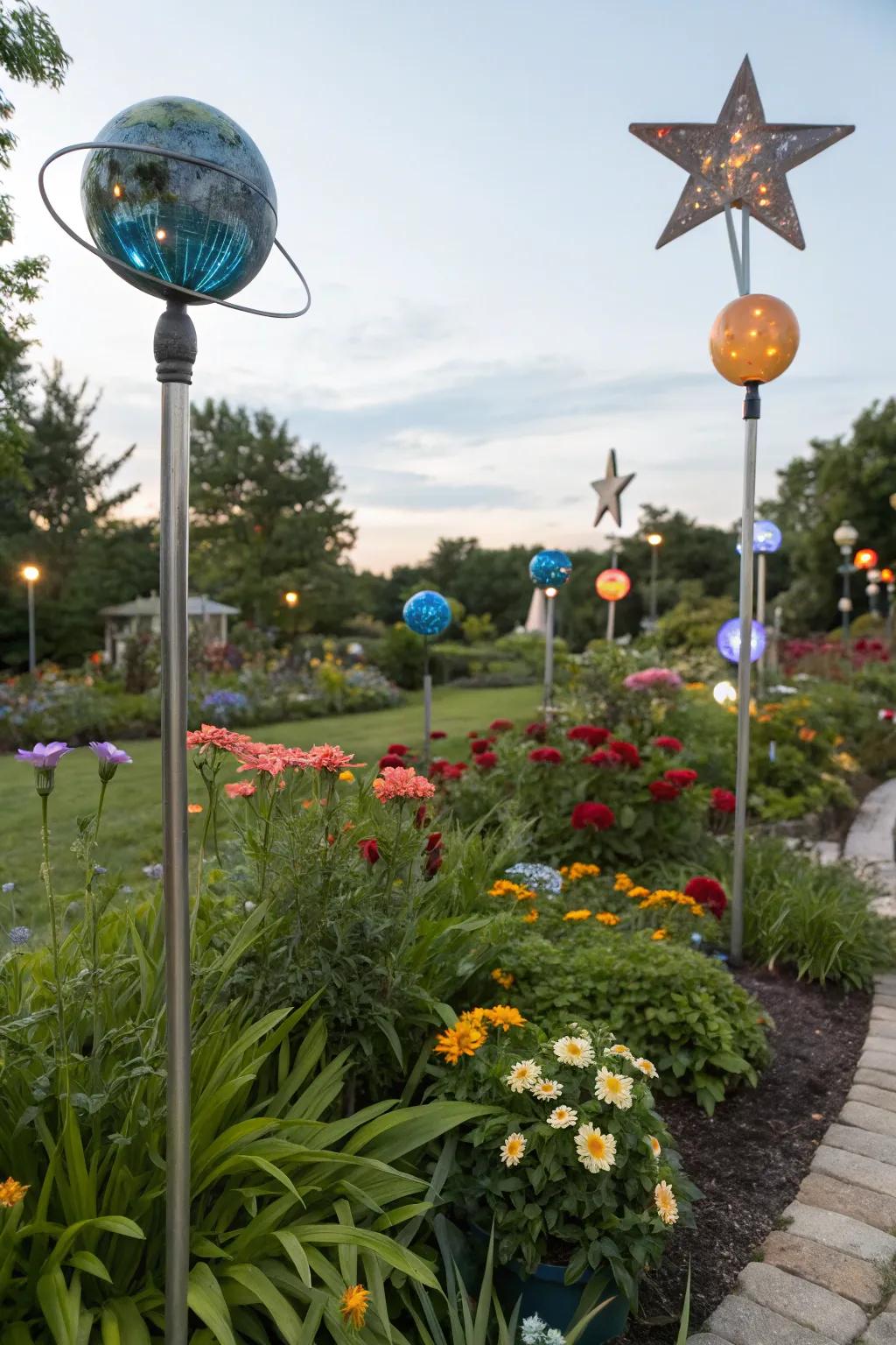 Celestial body decorations turning the garden into a piece of the universe.