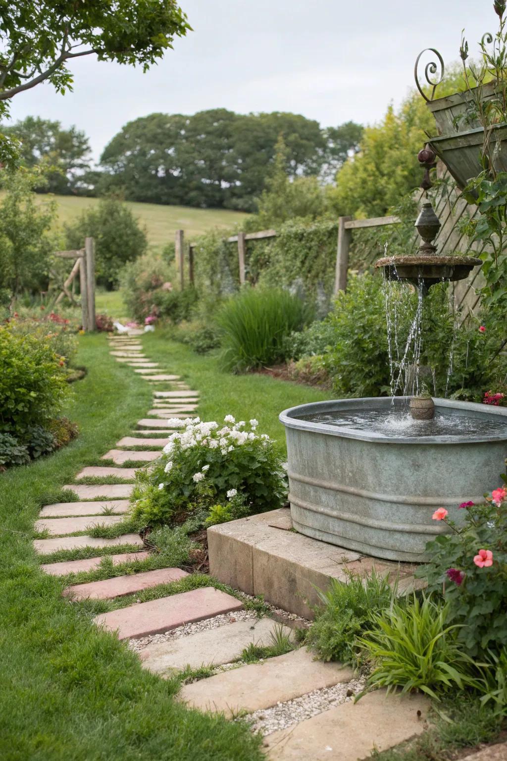 A stepping stone path leads to a charming basin fountain.