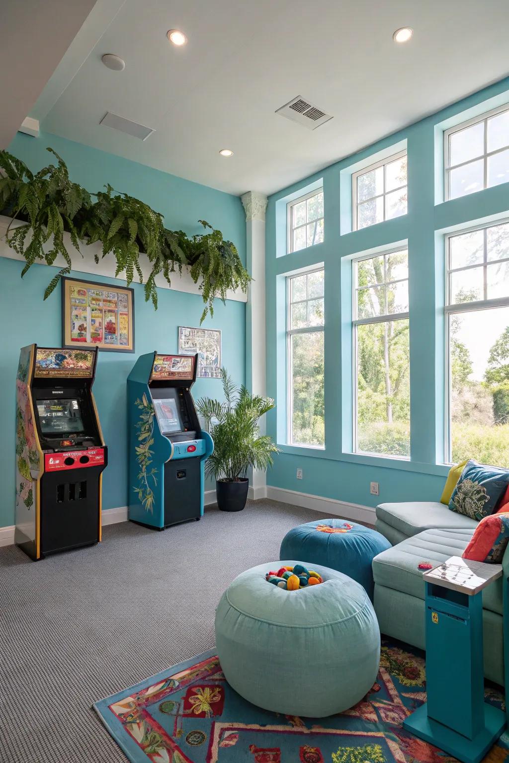 Sky blue walls evoke calmness and openness, perfect for a game room.