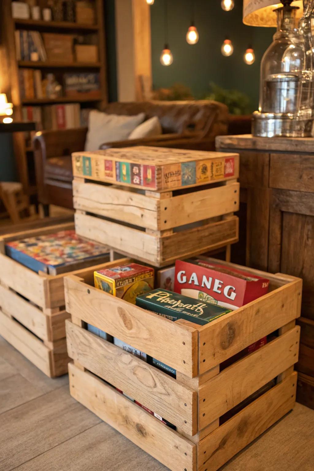 Wooden crates bring a rustic vibe to your storage.