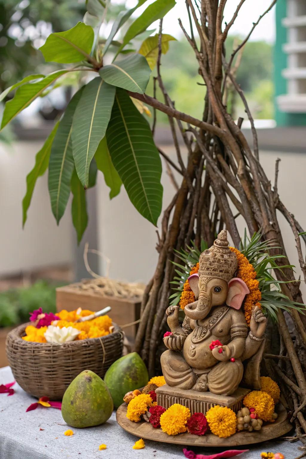 Rustic charm with inherent components like branches and twigs enhancing the festival setup.