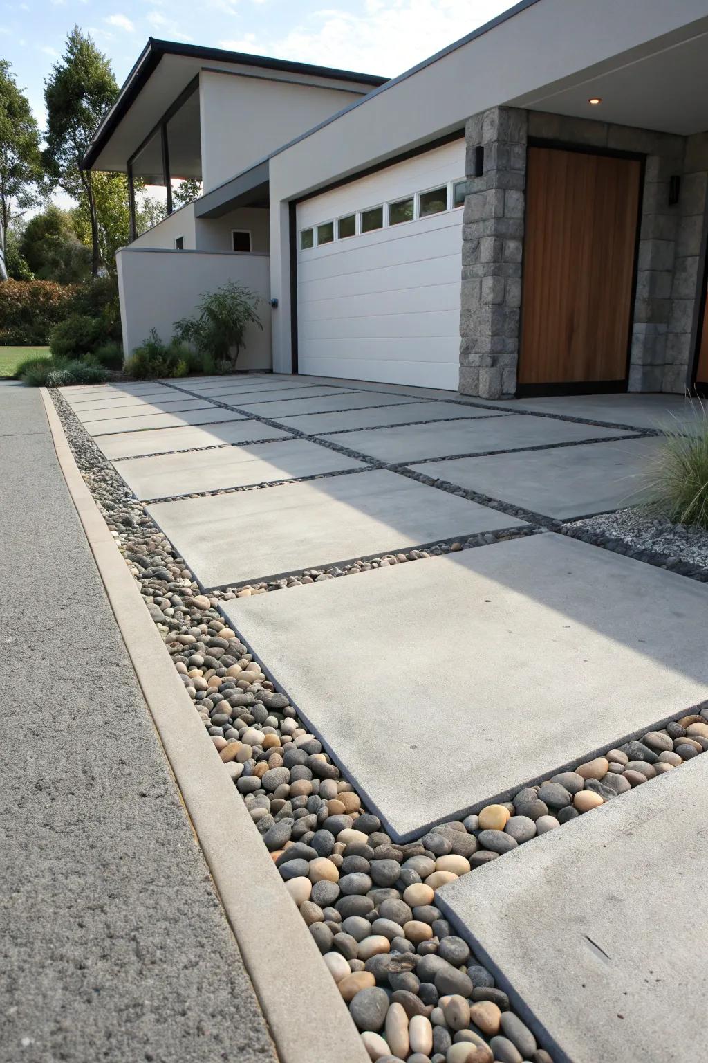 Concrete with embedded elements adds interest.