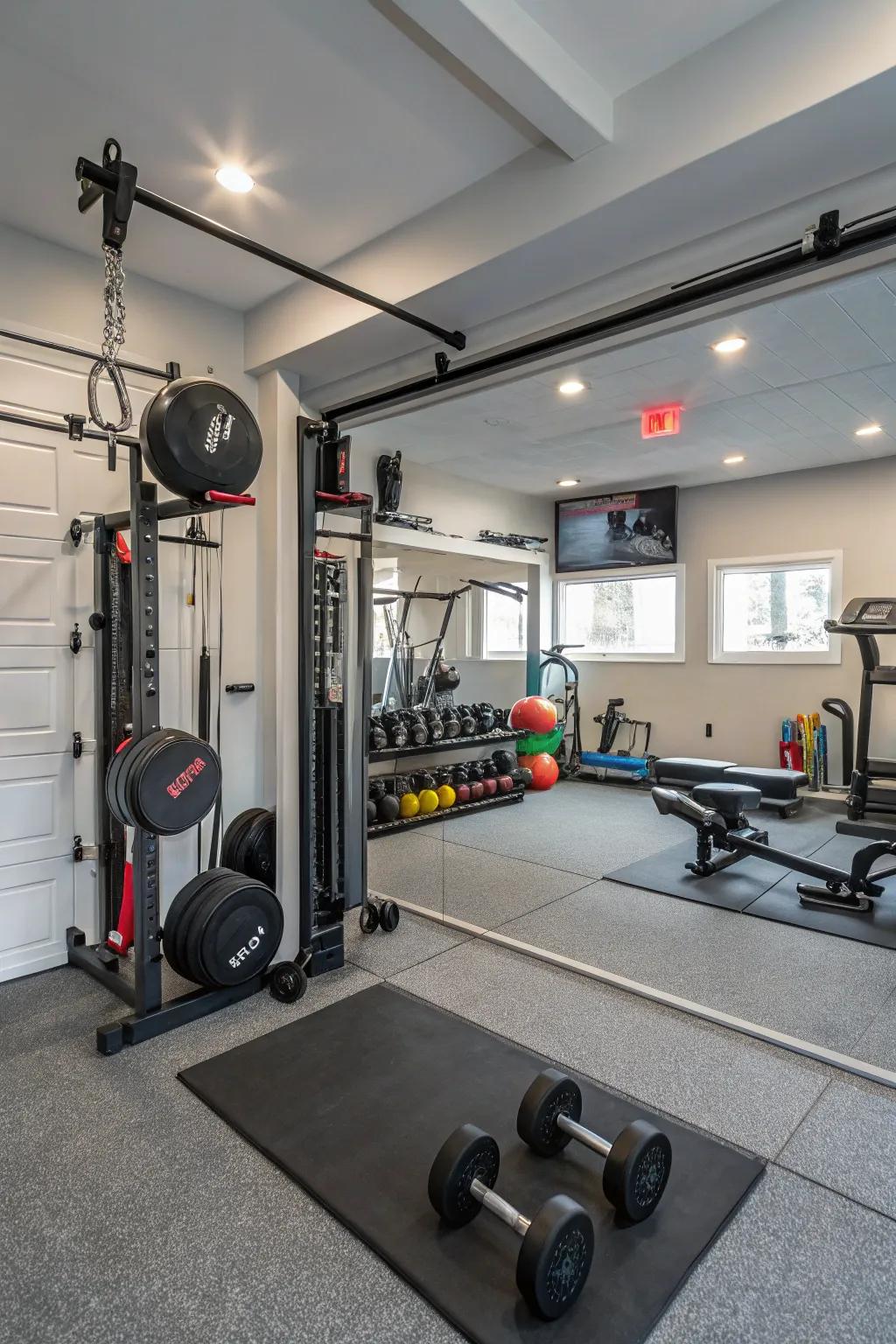 Glass broadens the space and helps watch exercise form.