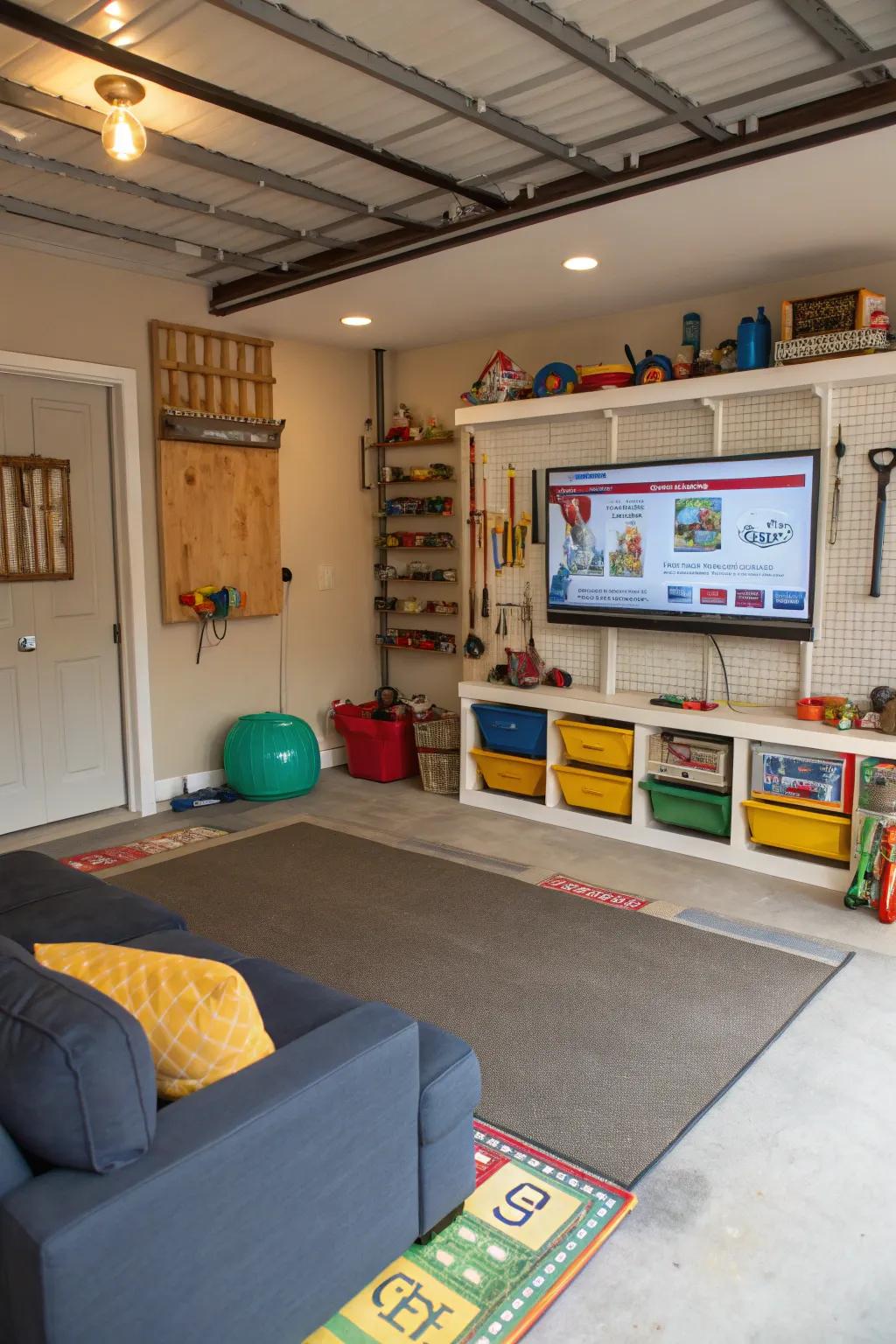 Create a fun and educational kids’ play area with a TV in your garage.