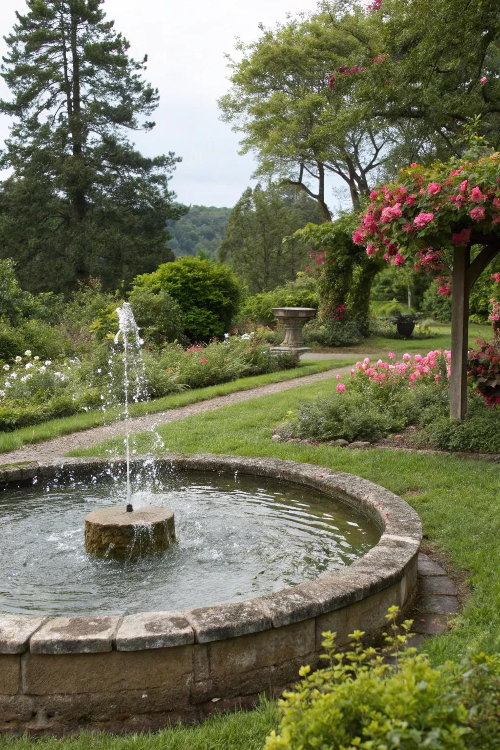 A peaceful water feature set in a garden.