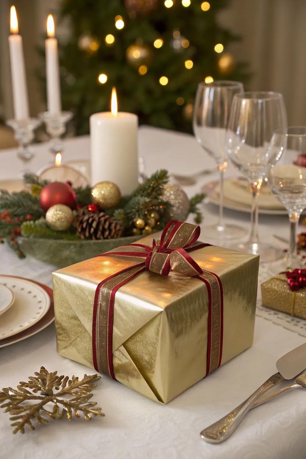 Gift with metallic ribbon elegance