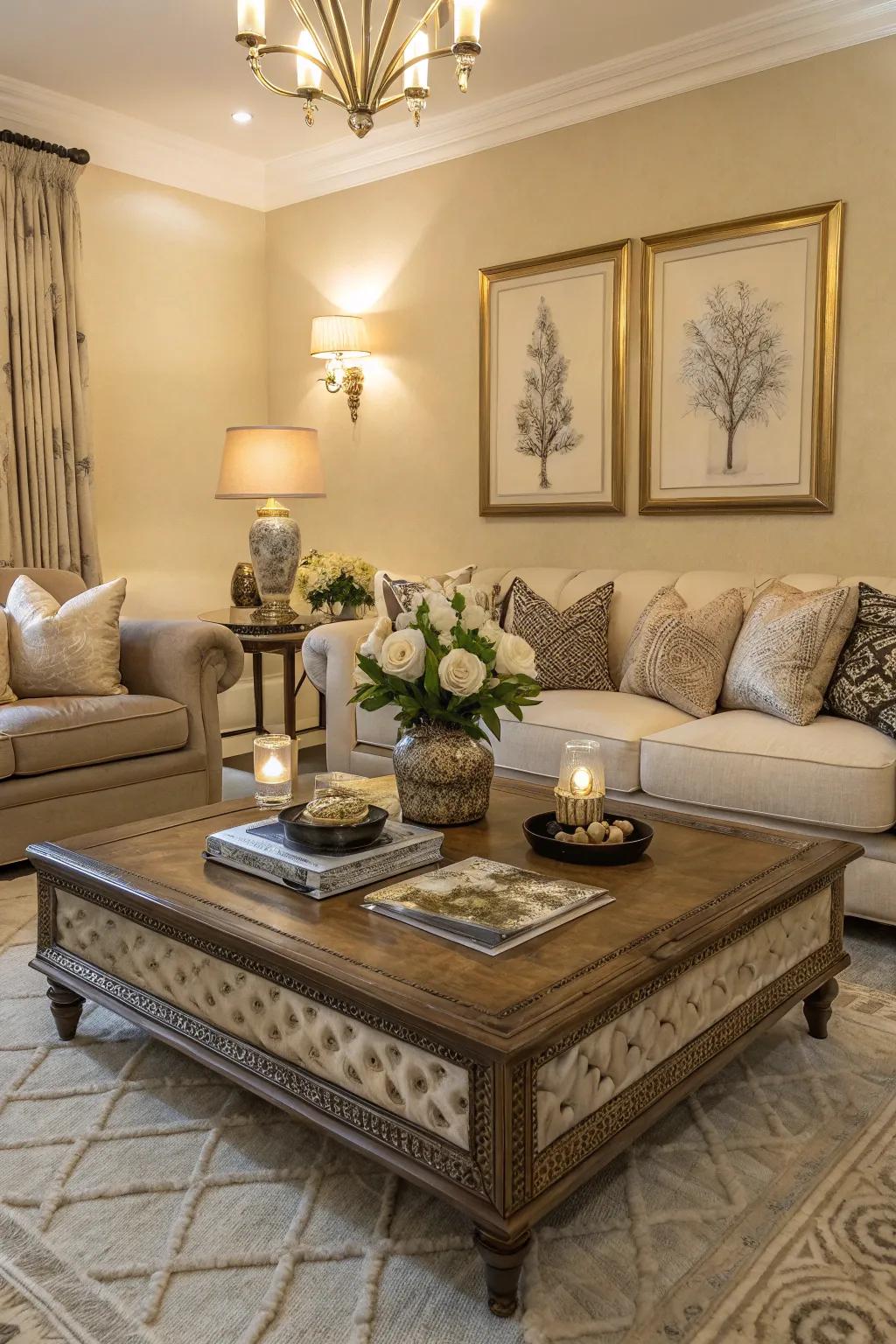A chic living room focused on a statement center table.
