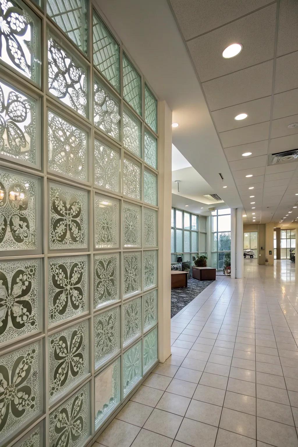 An interior features a patterned glass block wall, showing detailed designs and creative visual interest.