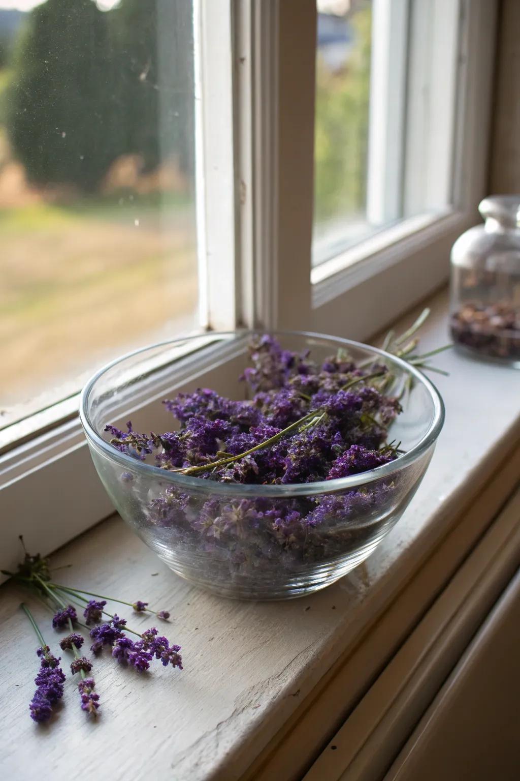 Tasteful and fragrant dried lavender inside a glass bowl.