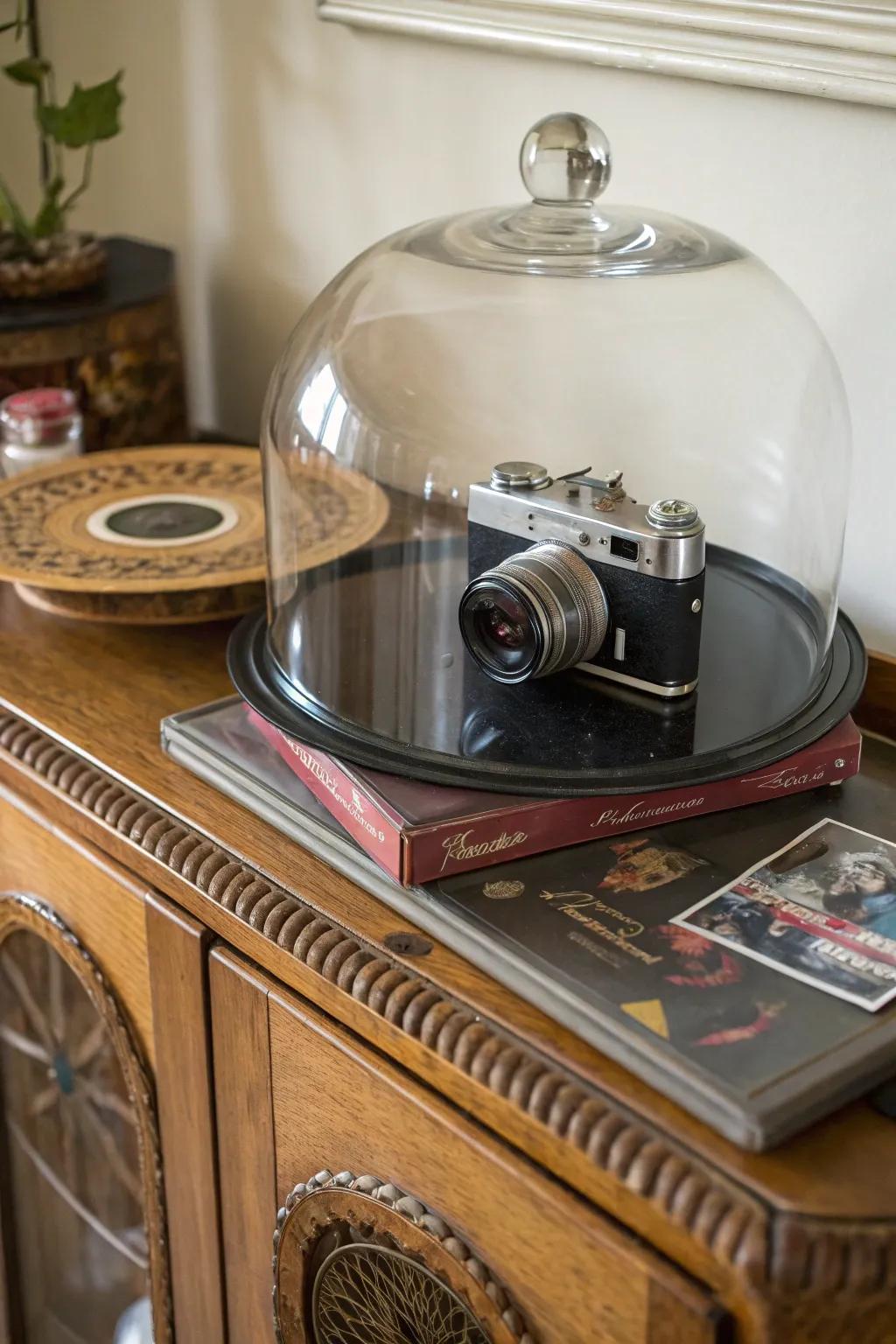 Retro items create a nostalgic display under a glass cloche.