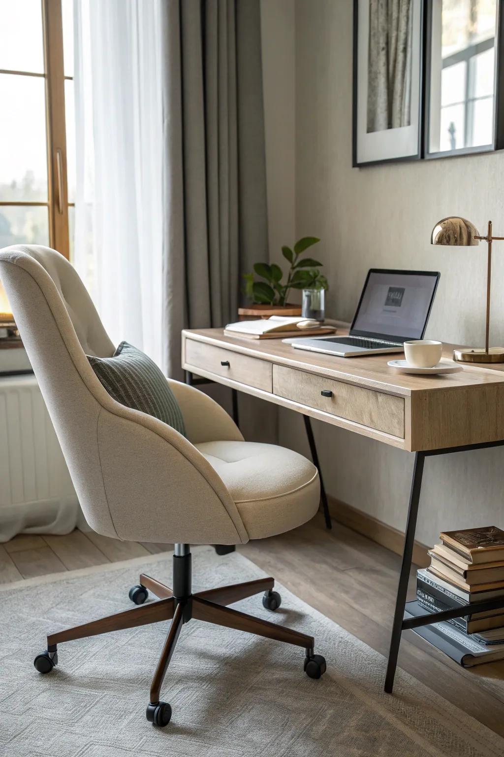 An ergonomic chair ensures comfort and supports healthy posture.