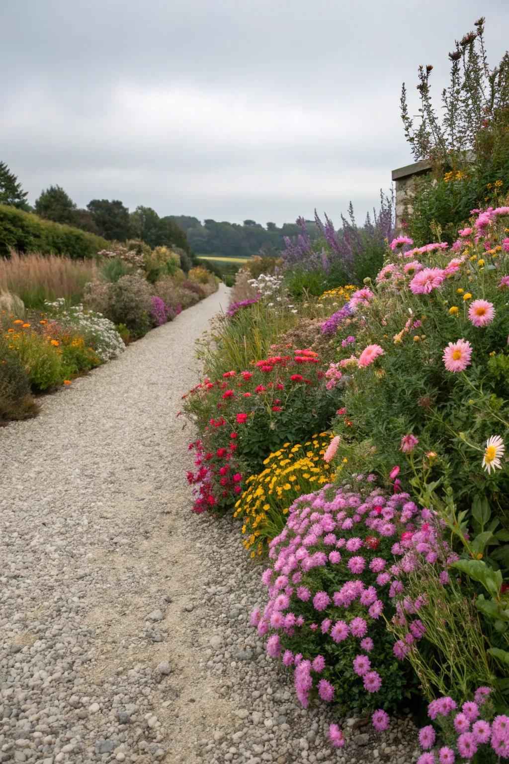 A vibrant stone flower bed with rotating seasonal flowers