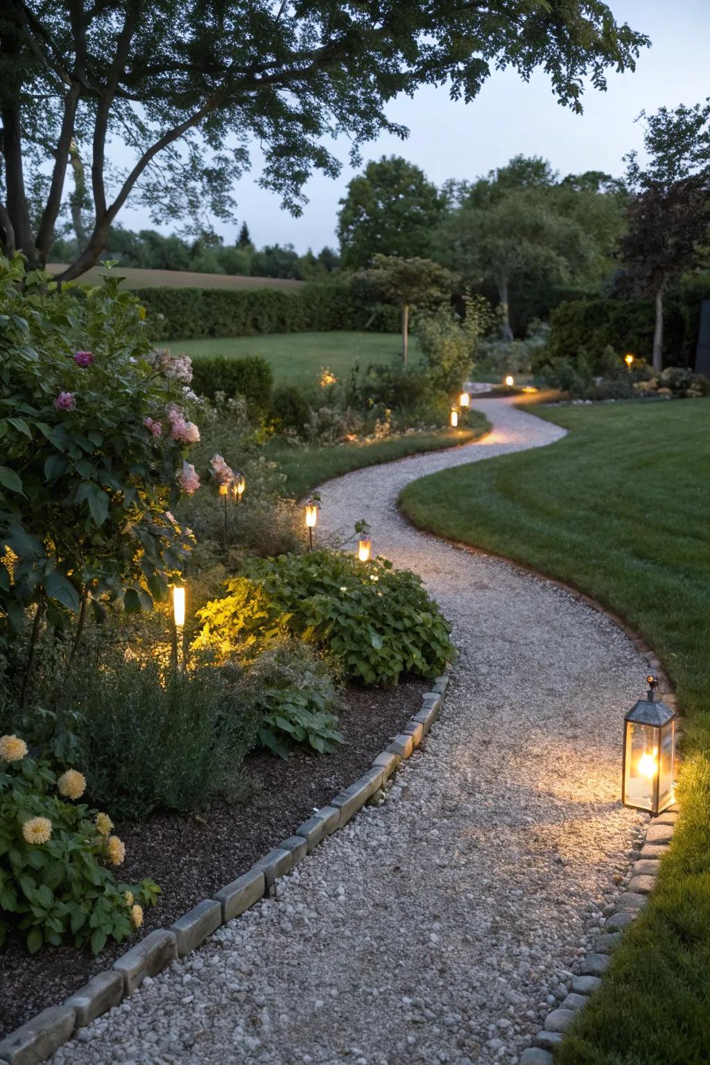A pebble path lit with sun lights for night charm.