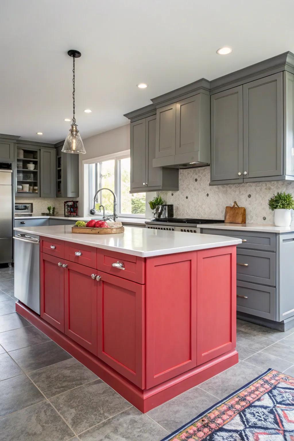 A feature block stands out against the backdrop of gray cabinets.