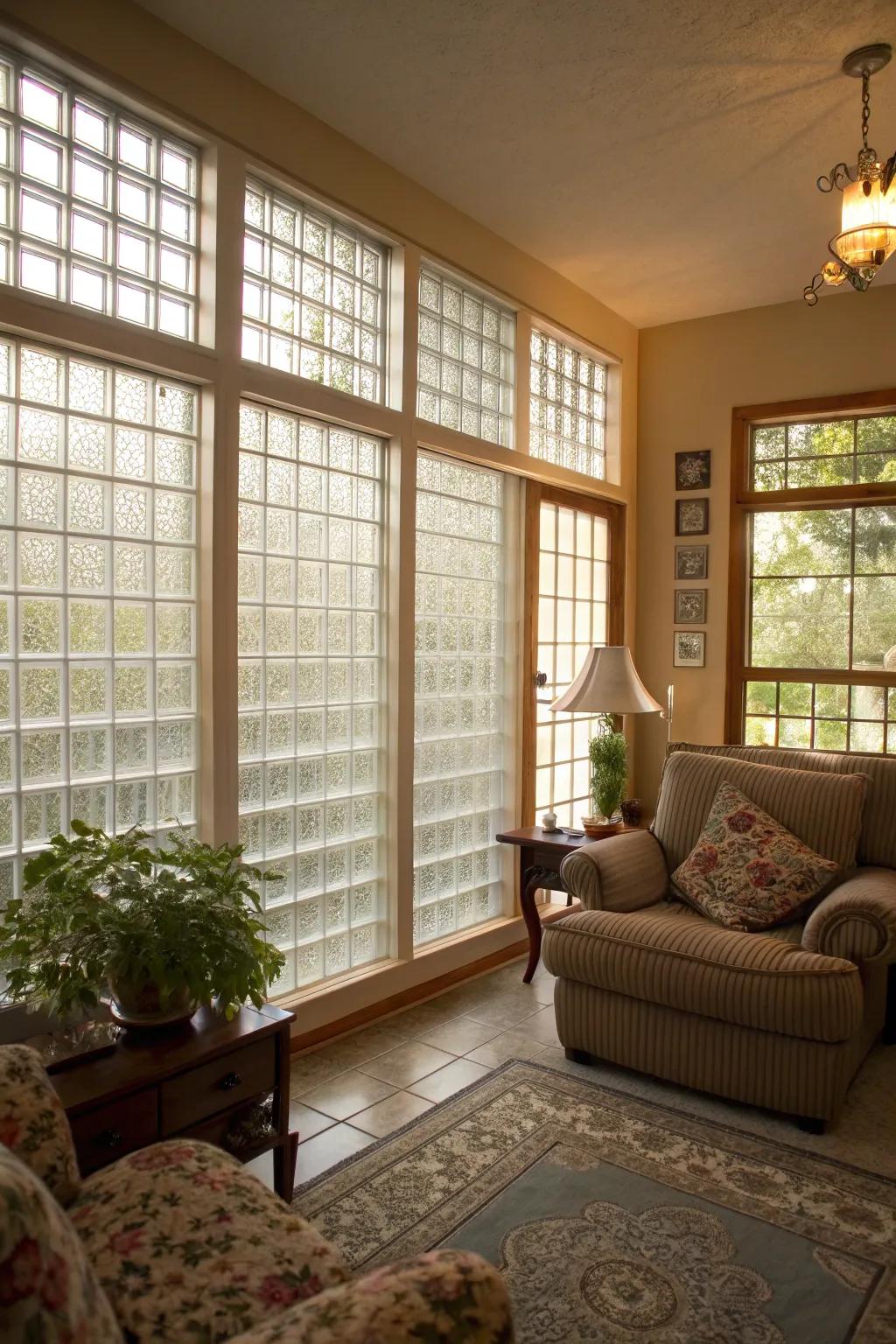 Glass brick windows keep privacy and light in this welcoming family room.