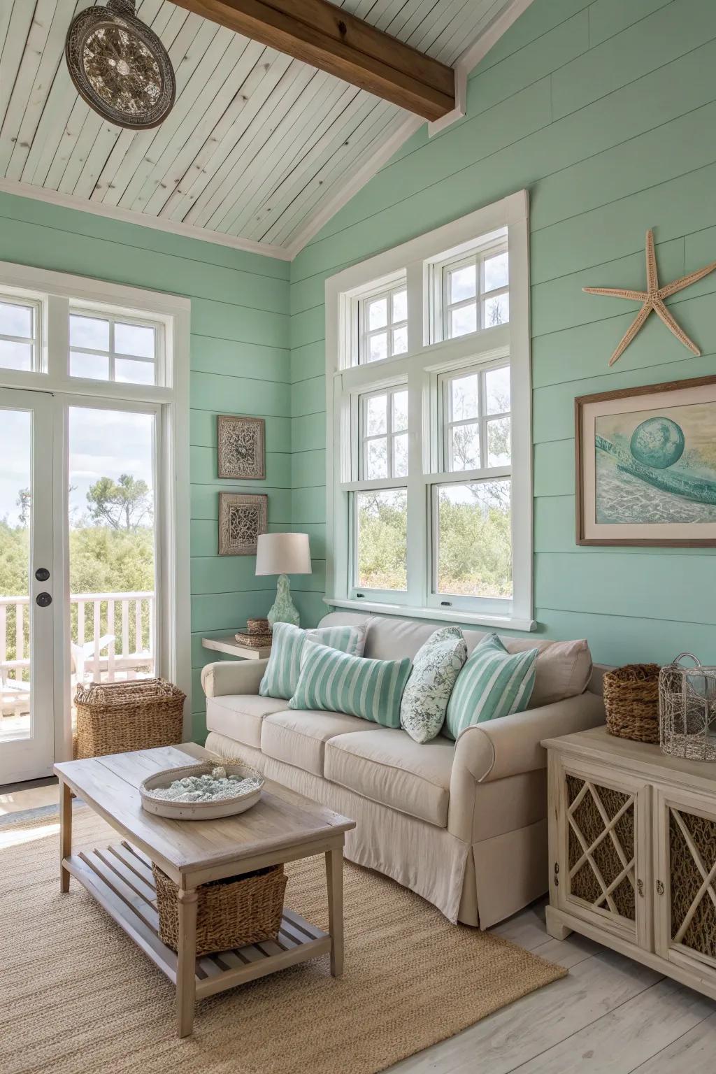 Blue green walls evoke breezy coastal vibes.