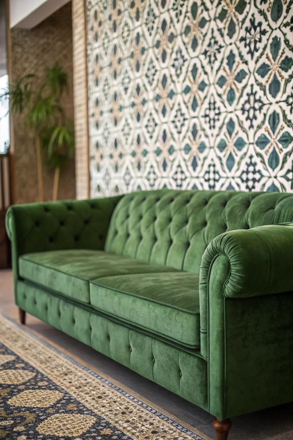 A bold living space featuring a green velvet sofa and a feature wall.