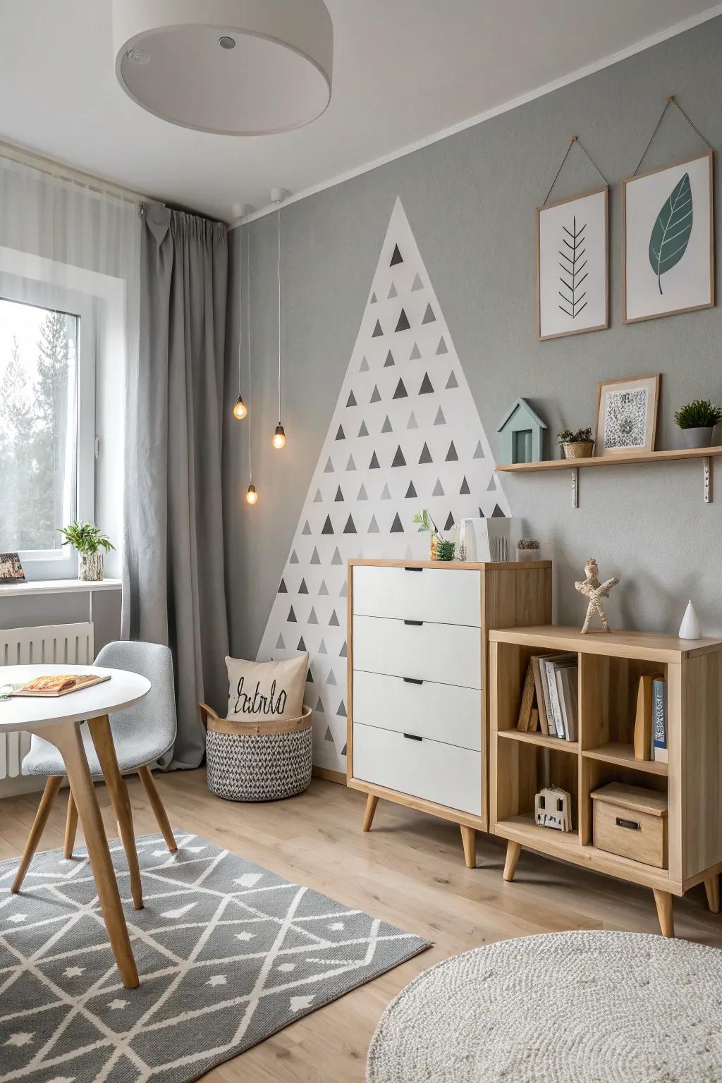 A Scandinavian room enhanced with a grey accent wall.