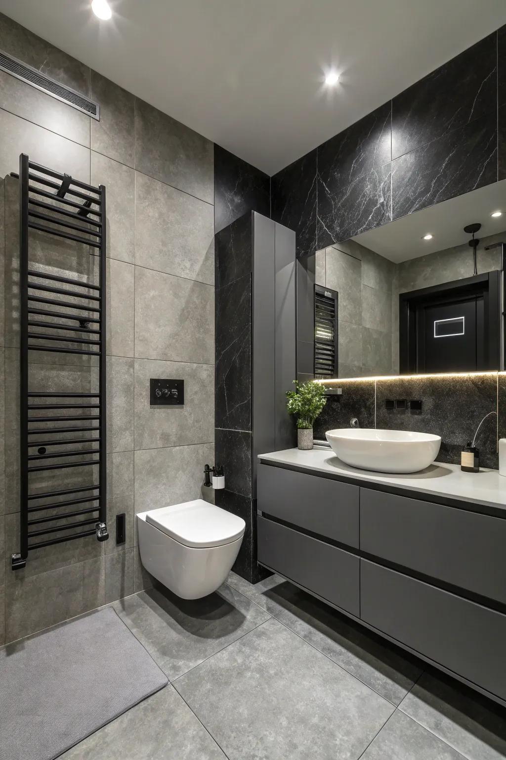 Black details add sophistication to the shale bathroom.
