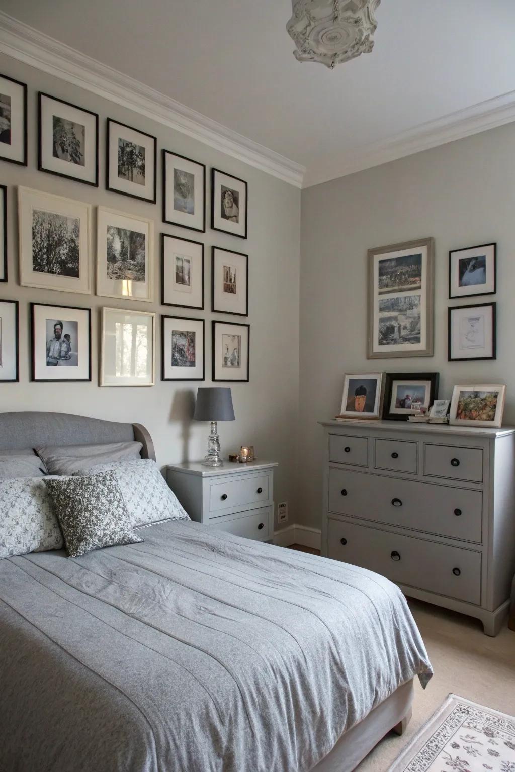 A gallery feature with grey frames personalizes the space.