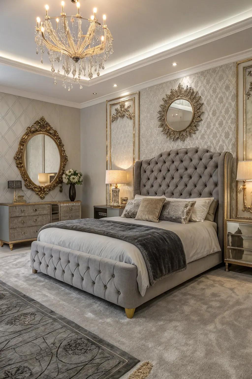 Glamorous elements add a luxurious touch to the bedroom with a grey carpet.