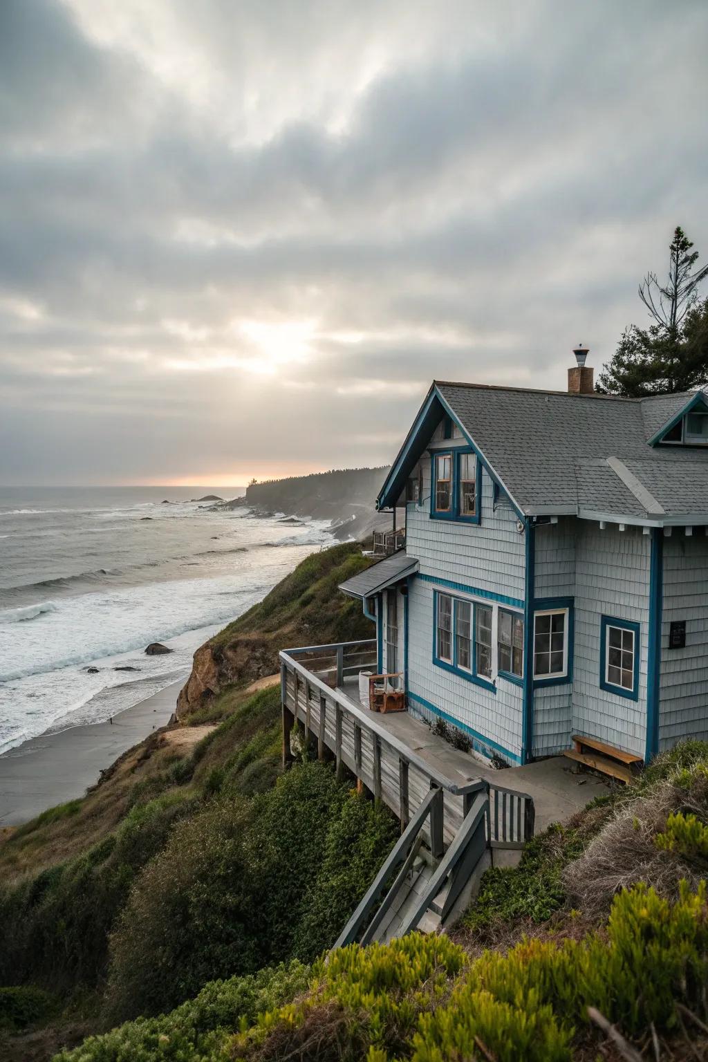 Soft grey with blue trim evokes a calming coastal vibe.