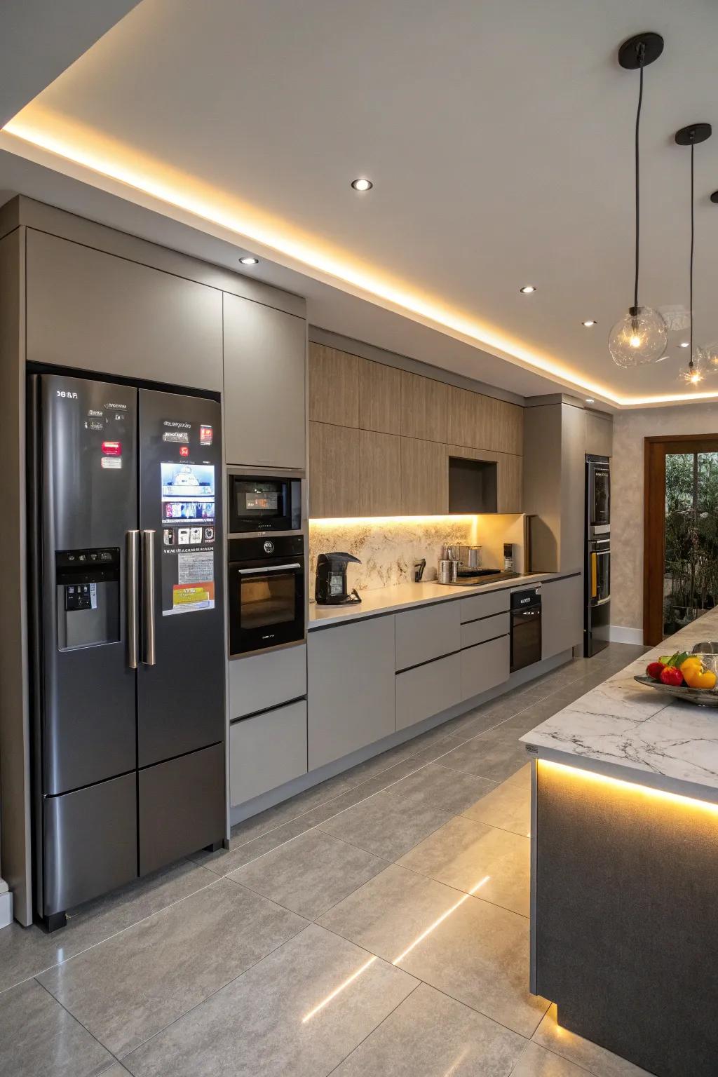 Advanced technology elevates the functionality of a grey kitchen.