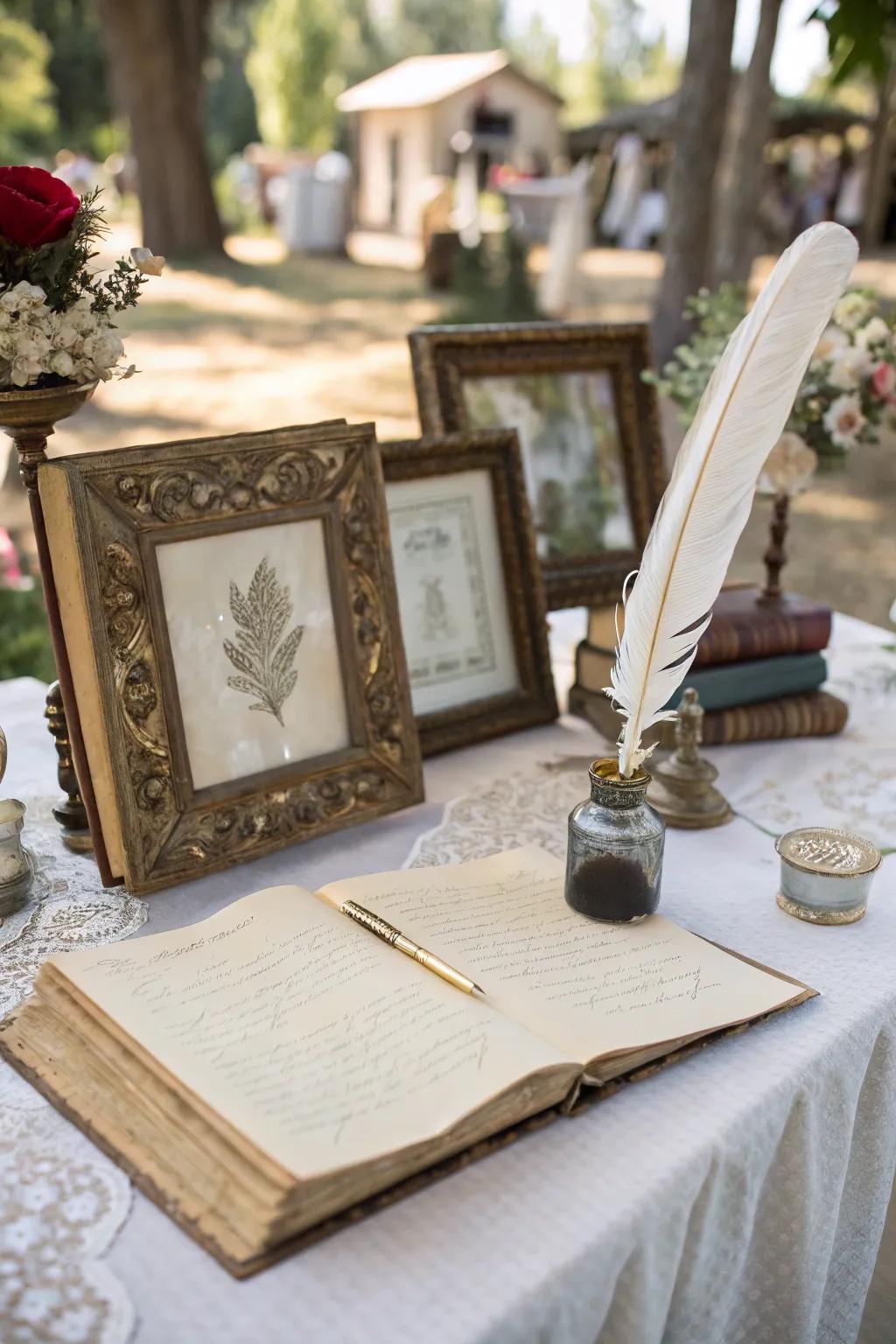 Time-honored aesthetic adds a timeless charm to the guest book display.