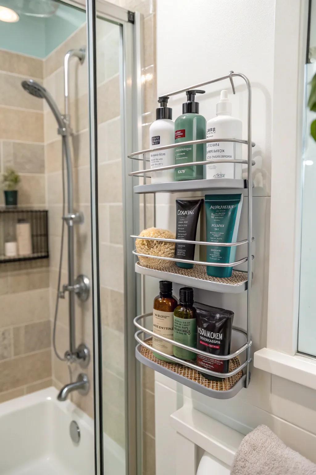 Classic shower caddy for keeping hair products within reach.