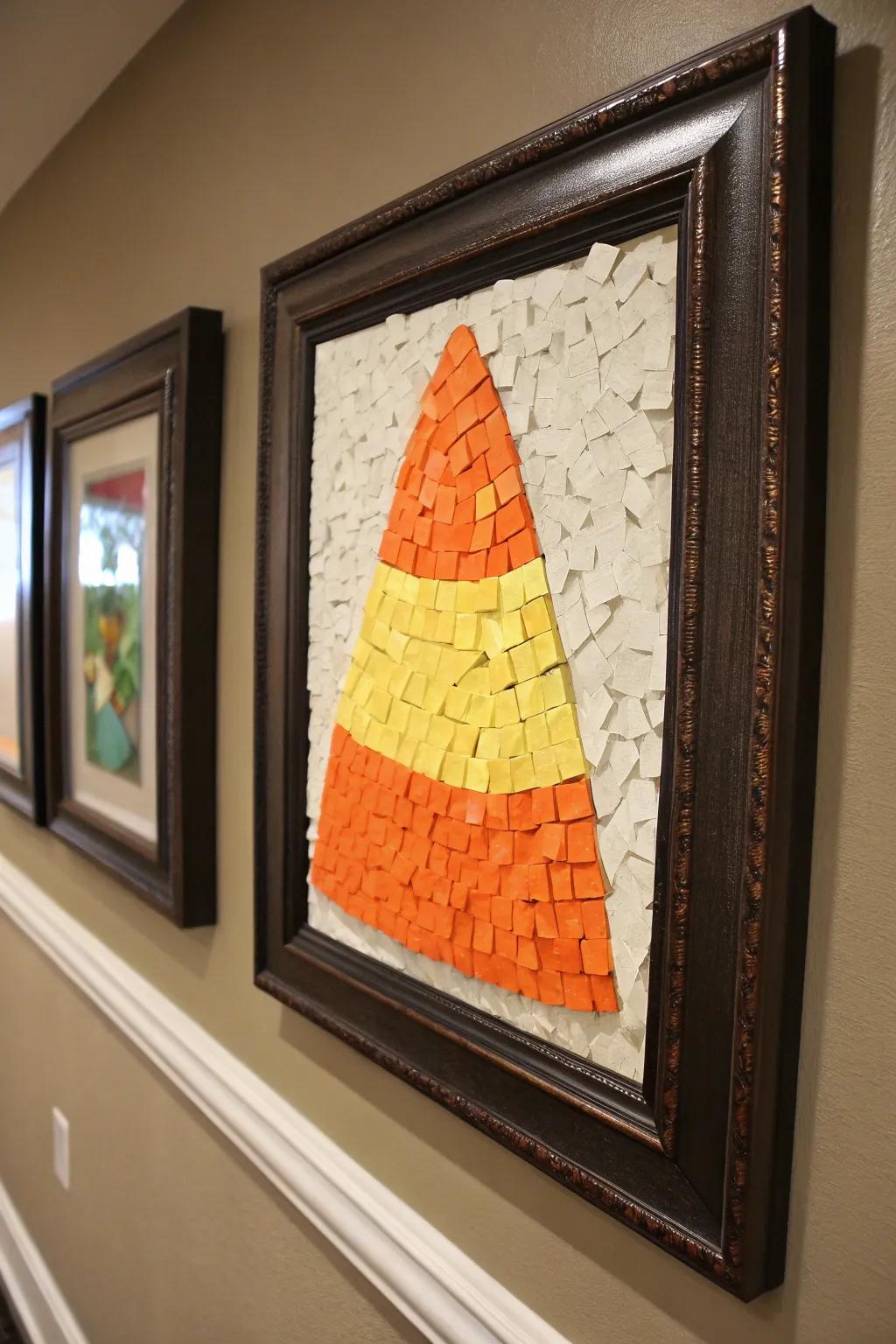 Sugar kernel mosaic art provides a sweet decorative accent