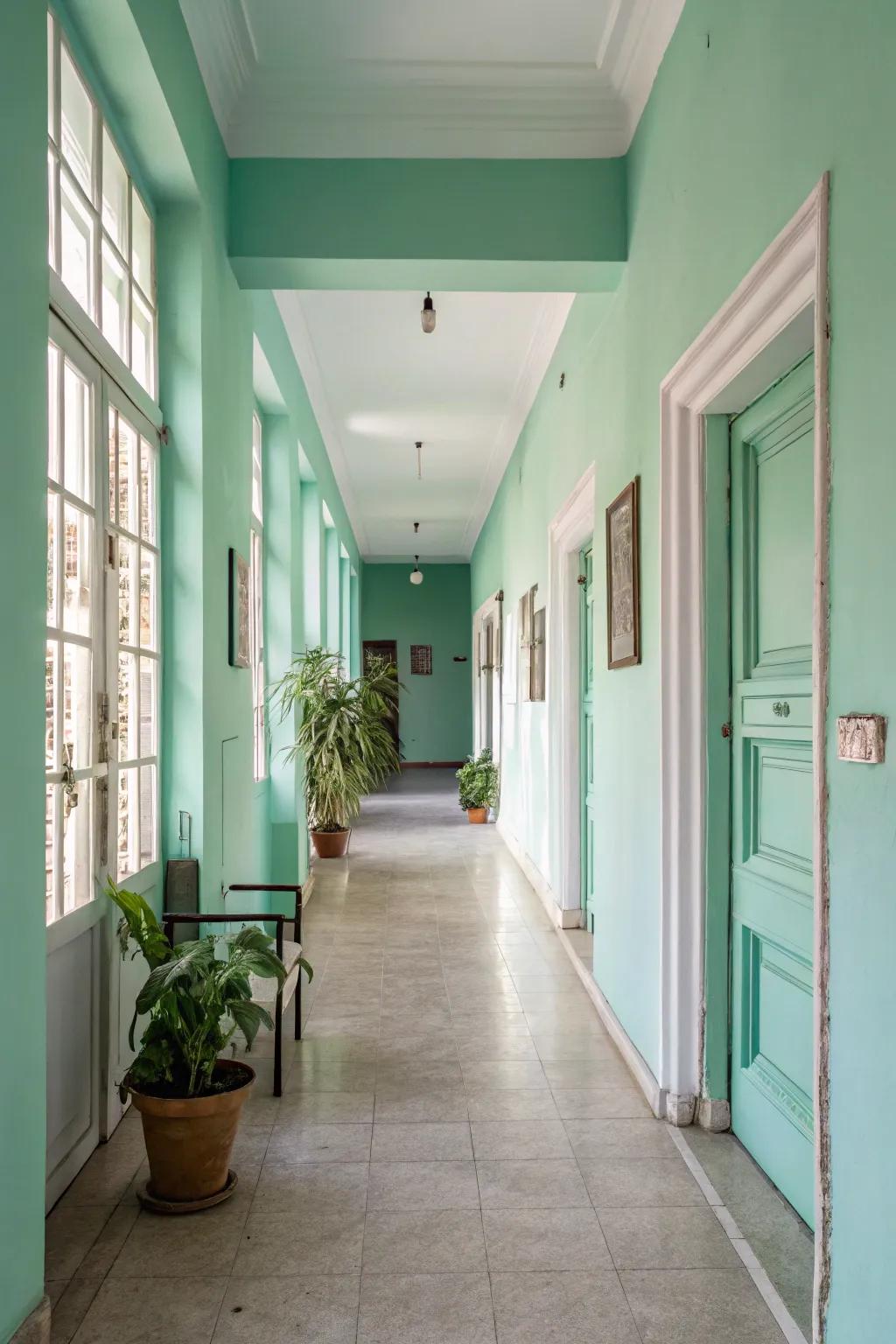 Mint green brings a revitalizing and airy feeling to hallways.