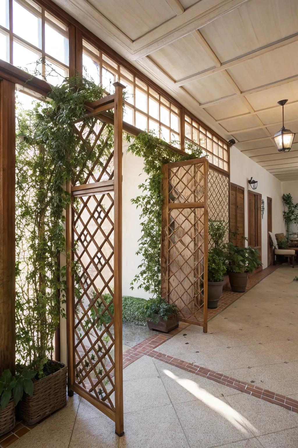 Lattice screens convey a garden sensation indoors.
